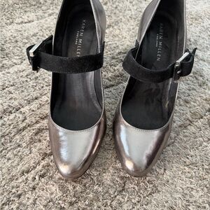 Karen Millen Silver Mary Jane Pumps with Black Suede Strap